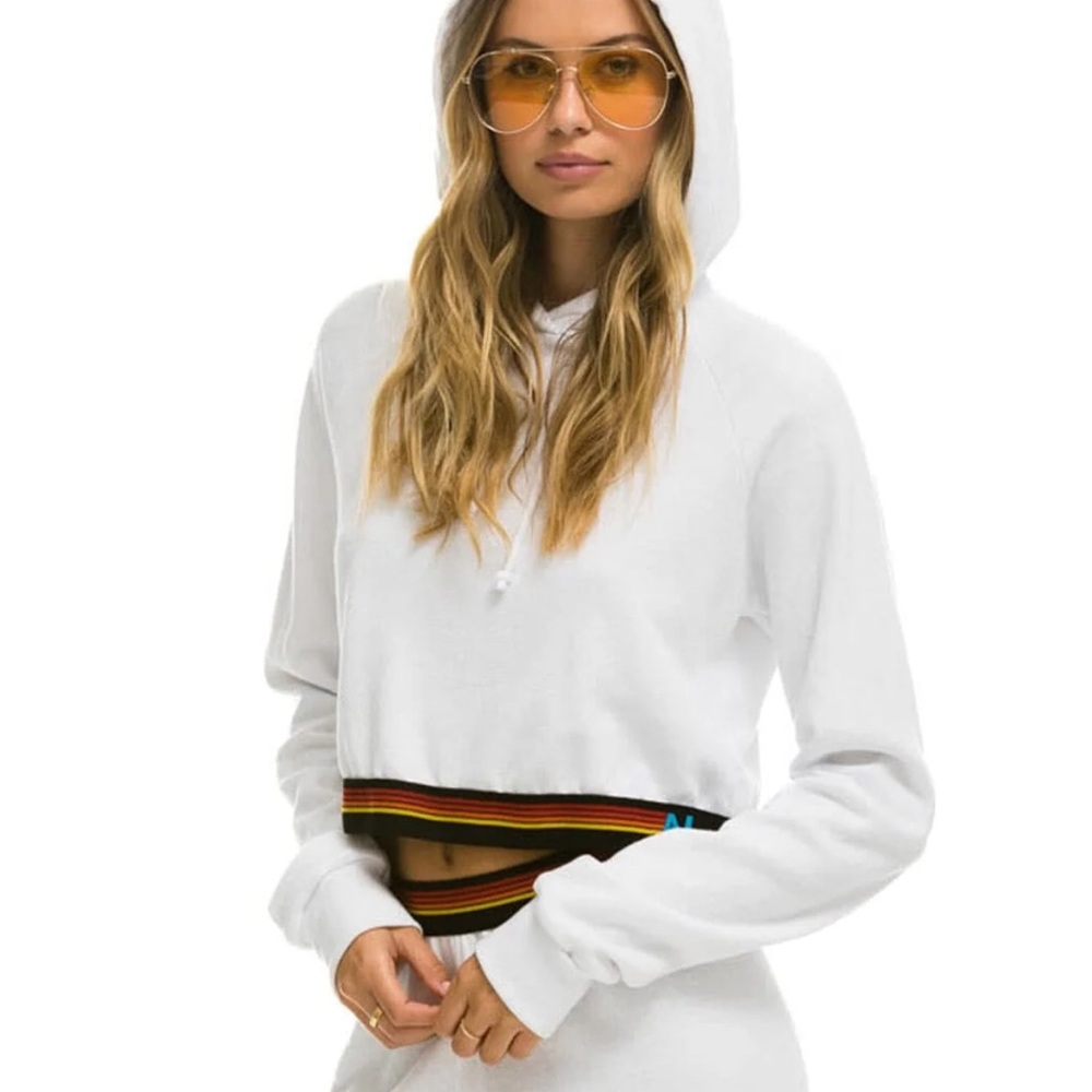 Aviator Nation Logo Stripe Cropped Pullover Hoodie - White
